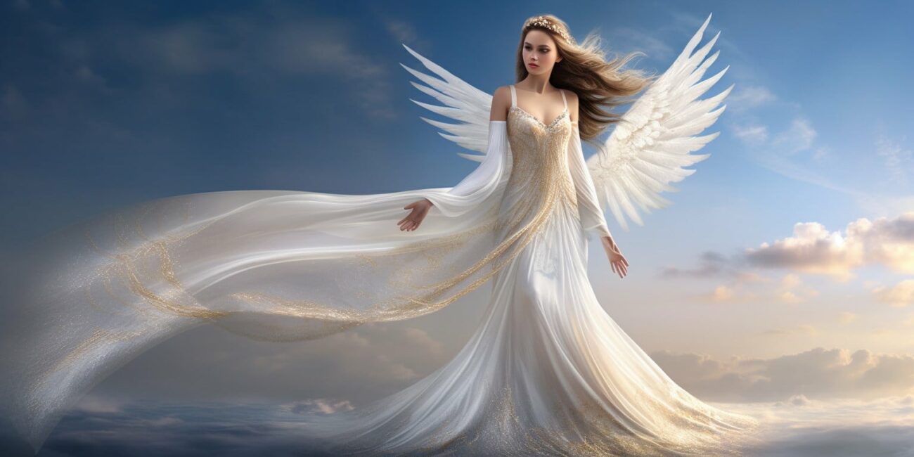 Angel Number 85 - Angel with long brown hair and a long white dress. Looking forward. Wings are pure white. Clouds in the background.