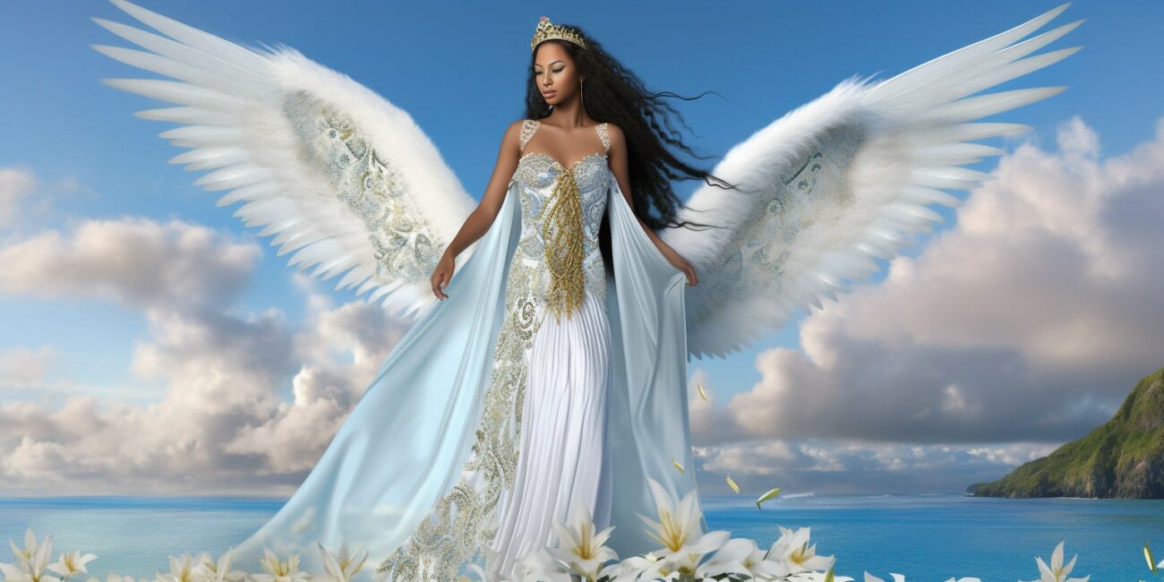 Angel Number 27 - Angel with long Black hair. The angel is standing in flowers.