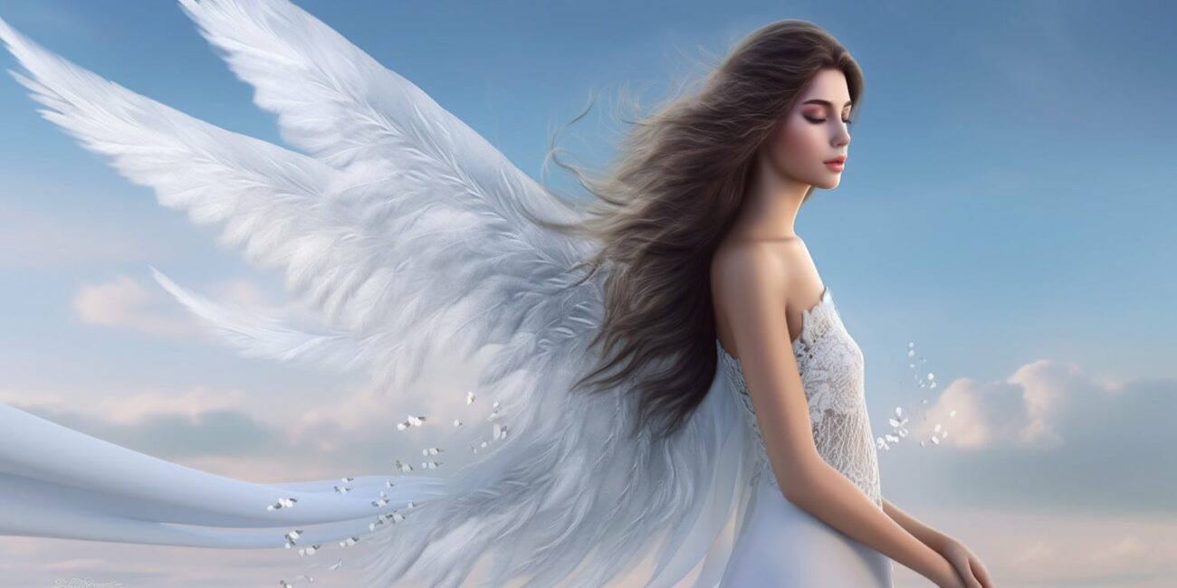 Angel Number 37 - Angel with long Black hair. Long pure white wings