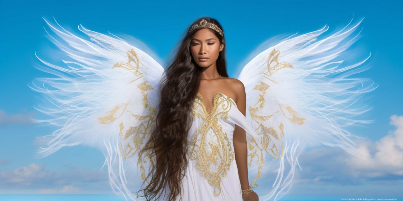 Angel Number 47 - Angel with long Black hair. Long pure white wings. Yellow pattern on her dress and wings