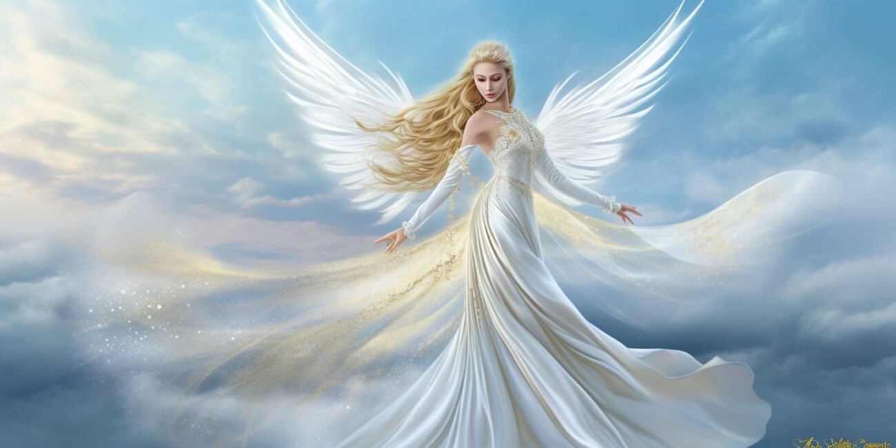 Angel Number 57 - Angel with long Blonde hair. Long pure white wings. The angel is looking behind her.