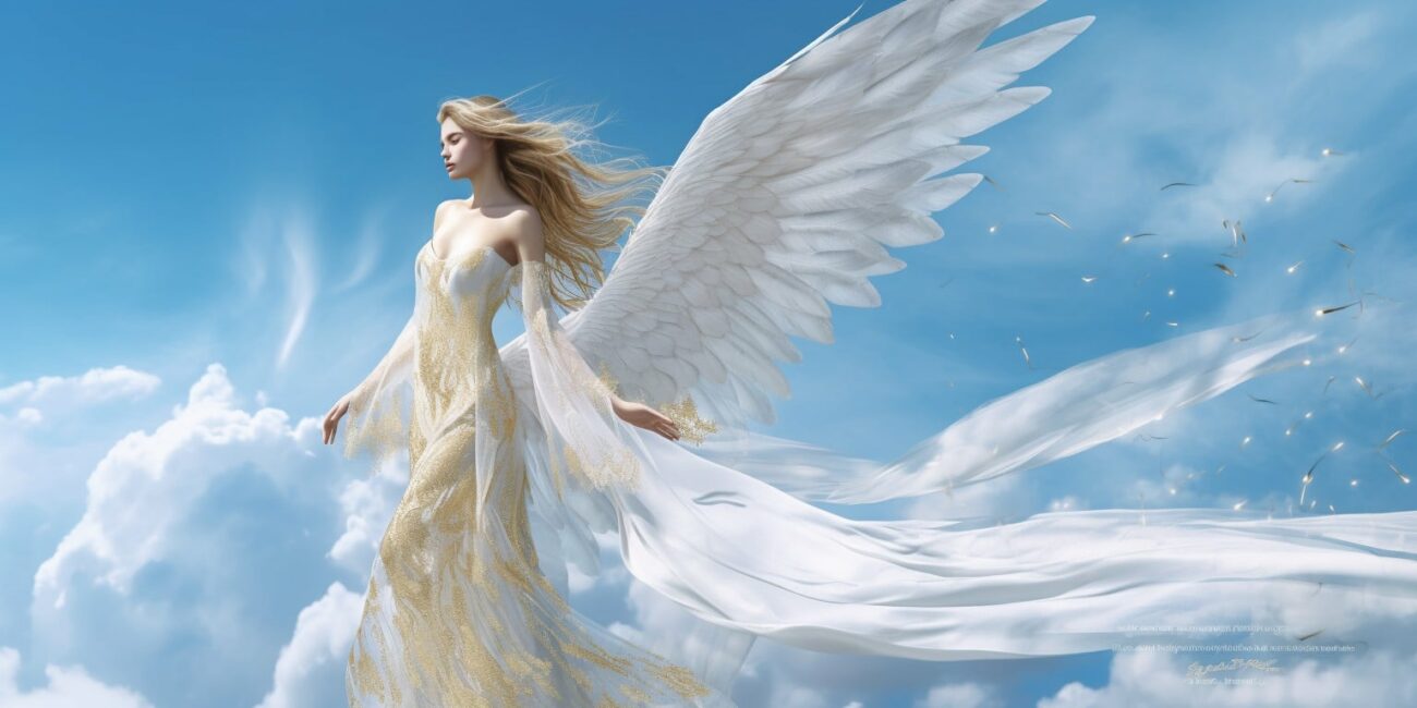 Angel Number 67 - Angel with long Blonde hair. Long pure white wings. The angel is looking ahead.