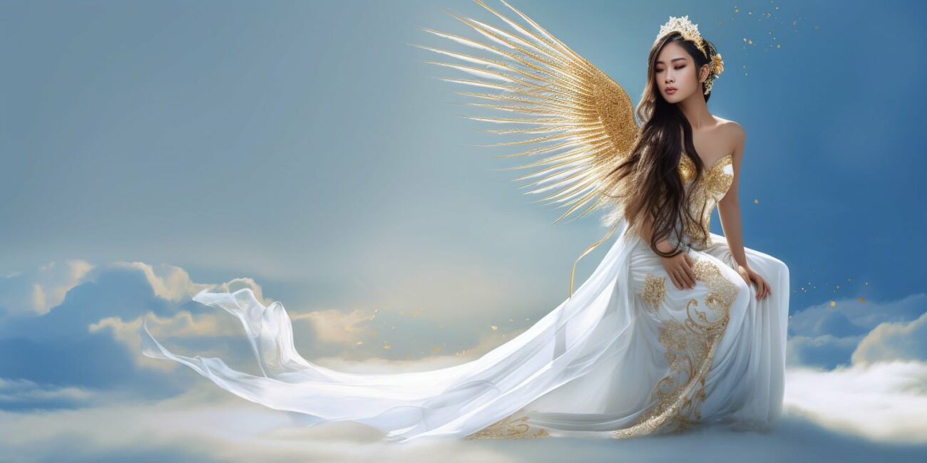 Angel Number 77 - Angel with long brown hair. Long pure white dress. The angel is looking behind her.