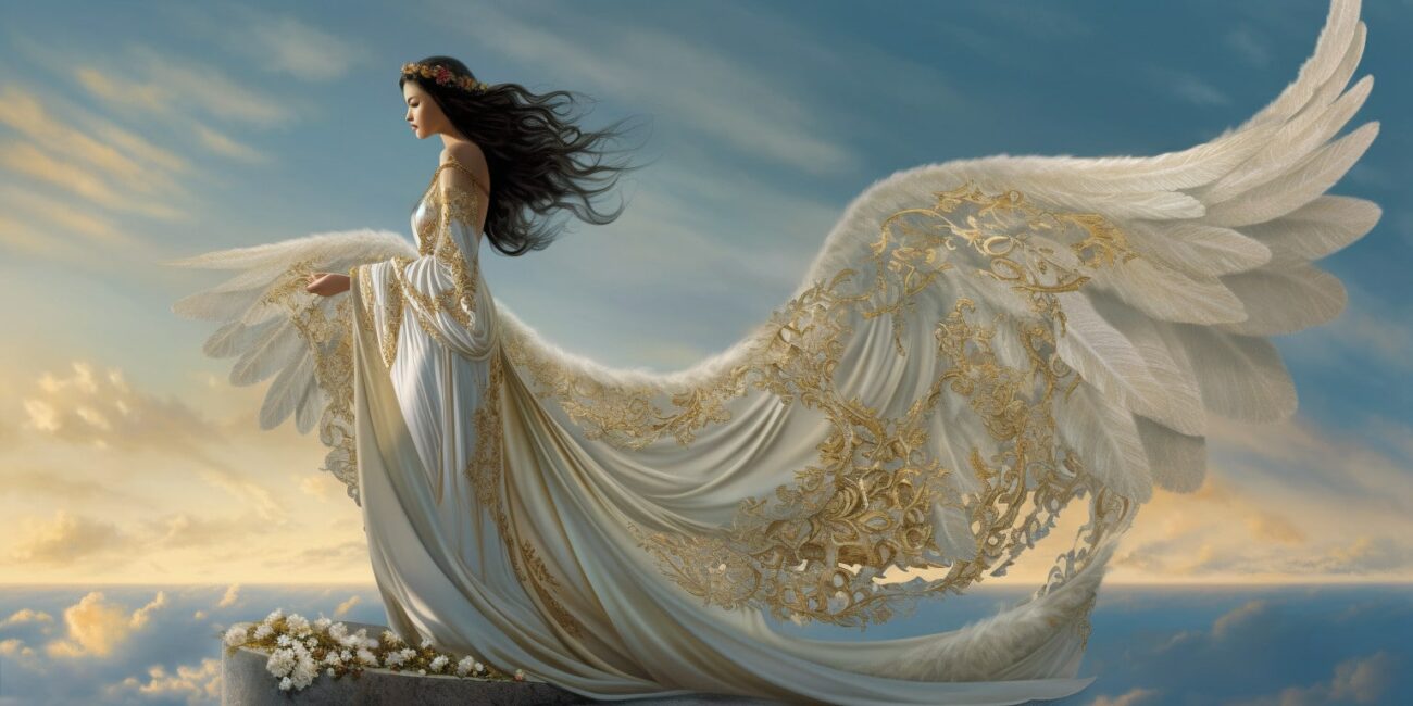 Angel Number 87 - Angel with long brown hair. Long pure white dress. The angel is forward across the landscape.