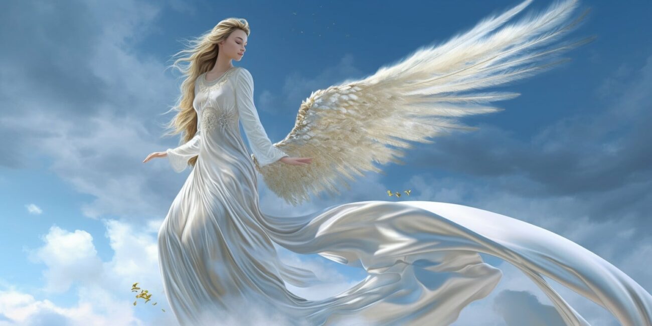 Angel Number 97 - Angel with long brown-blond hair. Long pure white dress. The angel is looking behind her.