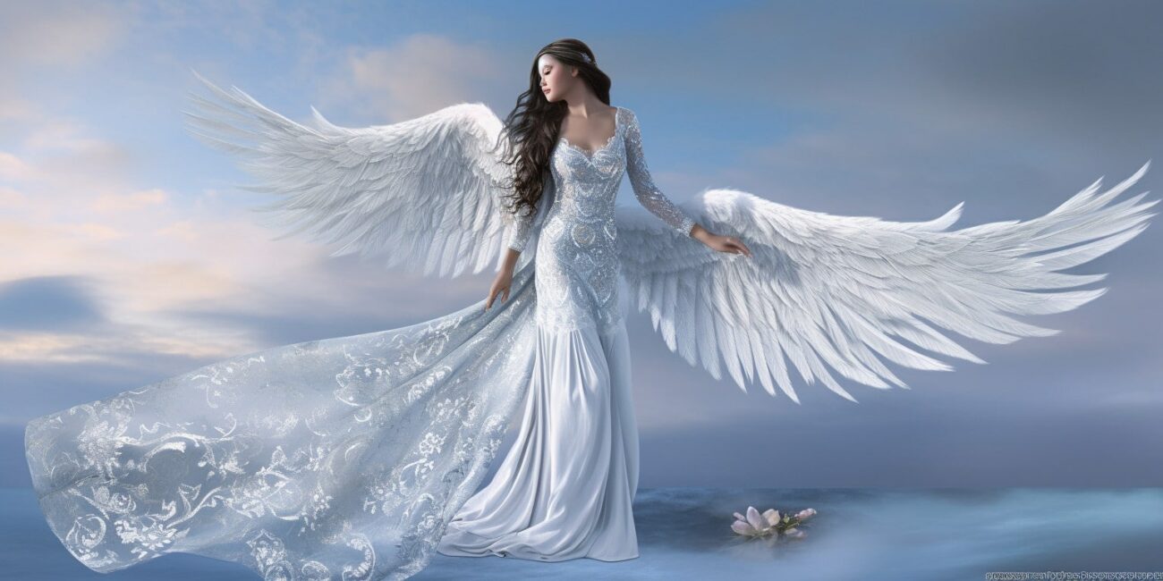 Angel with long black hair and a long white dress. Looking back over her shoulder.