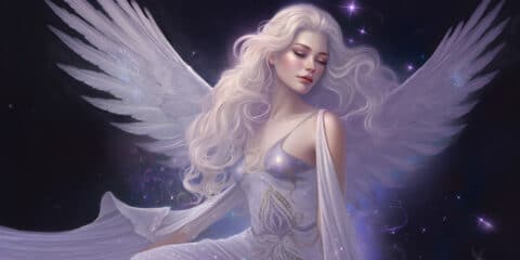 Angel Number 3 - Angel with a purple dress and small blueish purple wings. Closer up.