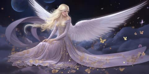 Angel Number 3 - Angel with a purple dress and small blueish purple wings. Sitting with gold butterflies.
