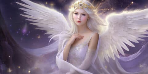 Angel Number 4 - Angel surrounded by stars with a purple dress and small white wings.
