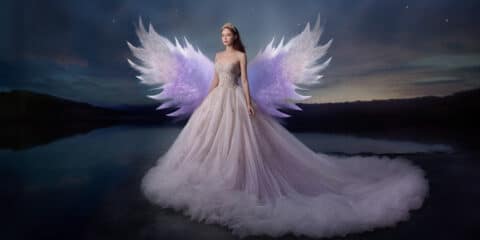Angel Number 5 - Angel with a purple dress and large purple wings.