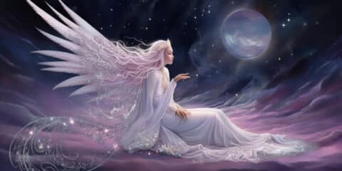 Angel Number 5 - Angel with a purple dress and large pinks wings. Planet in the background.