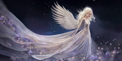 Angel Number 311 - Angel with a white dress and hints of purple with large white wings. Long blonde hair.