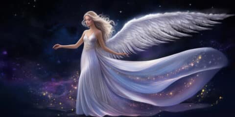 Angel Number 311 - Angel with a white dress and hints of purple with large white wings. Medium length blonde hair.