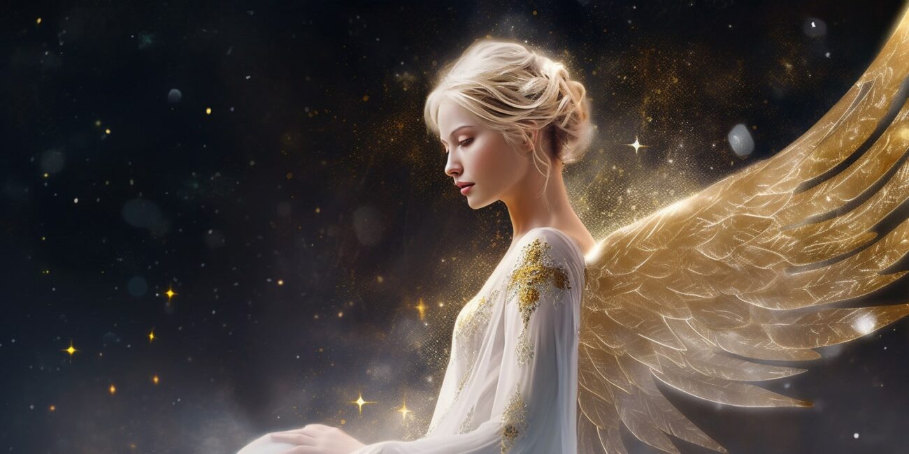 Angel Number 1112 - Angel with short Blonde hair and a long white dress with yellow and Gold patterns on the shoulder.
