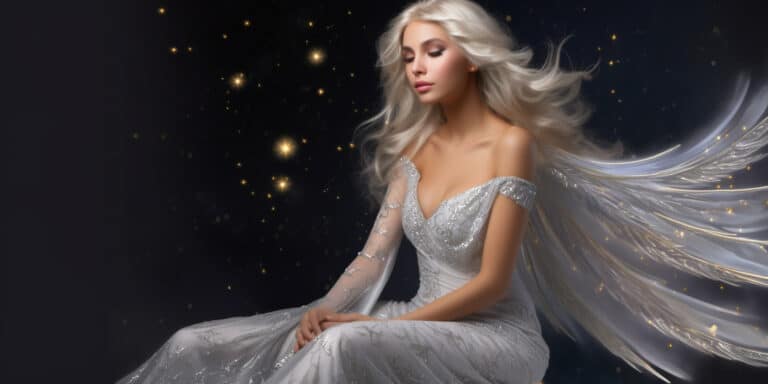 Angel Number 1121 - Angel with long white Blonde hair and a long silver dress.