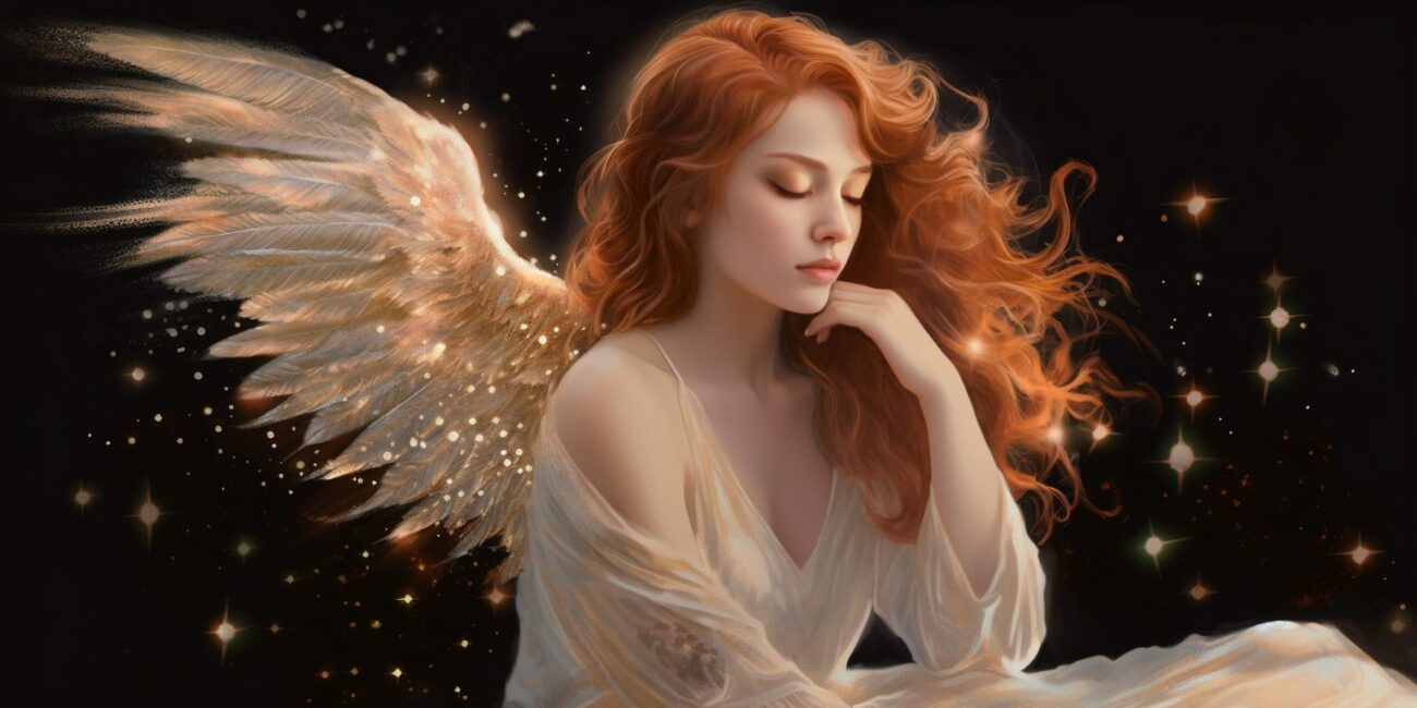 Angel Number 4441 - Angel with long brunette hair and a white dress. Her wings are golden yellow and white.