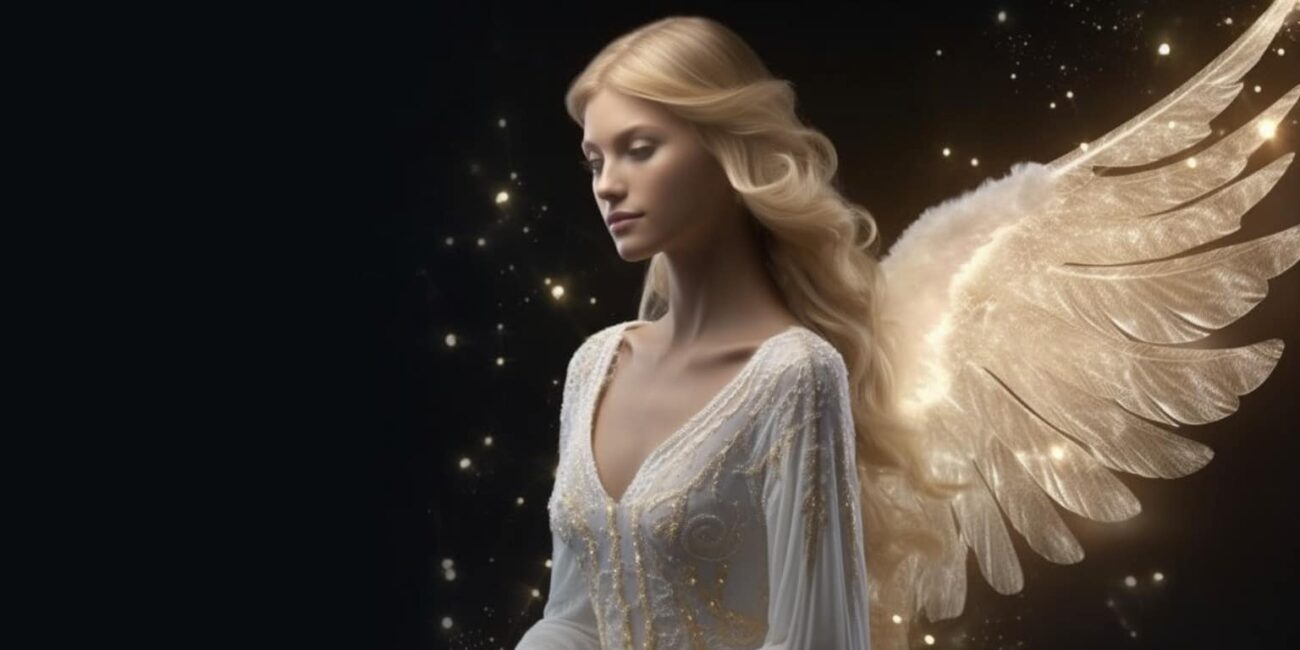 Angel Number 4414 - Angel with light hair and a white dress. Her wings are golden yellow and white.