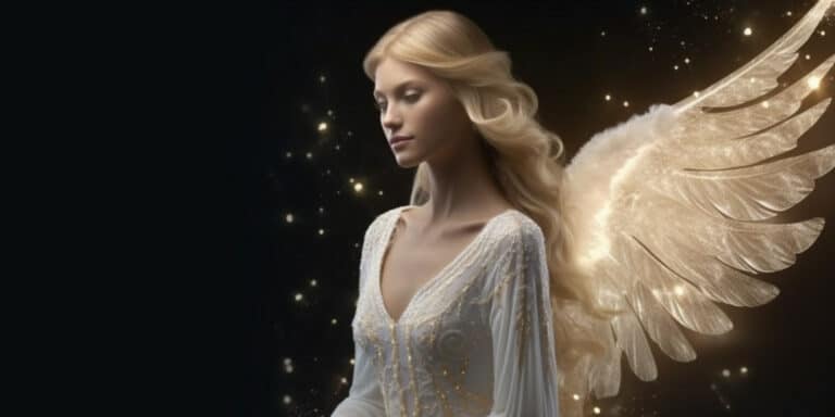Angel Number 4414 - Angel with light hair and a white dress. Her wings are golden yellow and white.