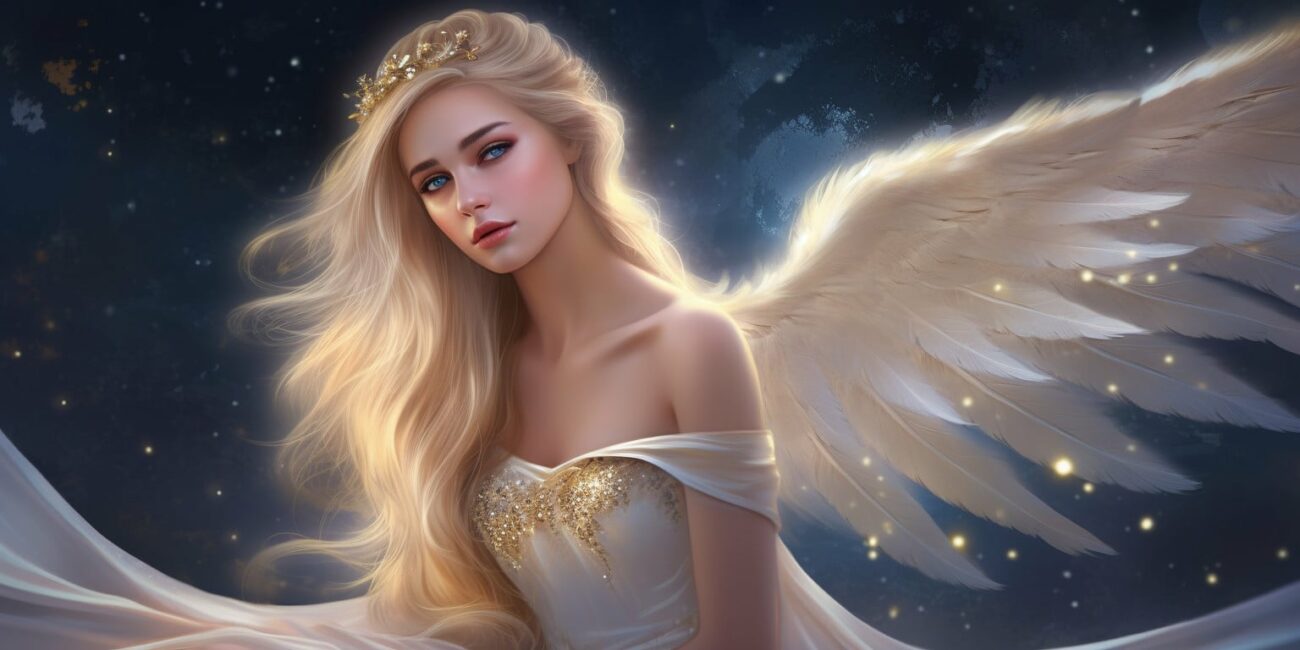 Angel Number 1122 - Angel with long white Blonde hair and a long silver white dress. On the front of the dress is gold markings.