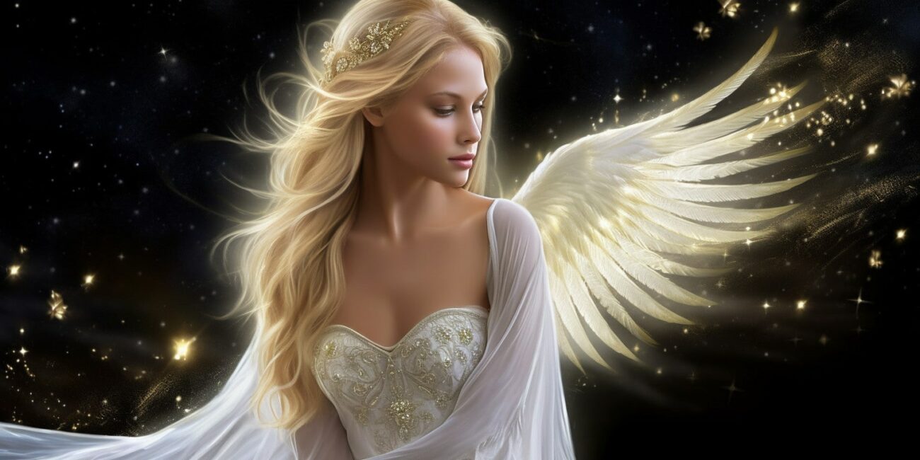 Angel Number 4411 - Angel with long light hair and a white dress. Her wings are golden yellow and white.
