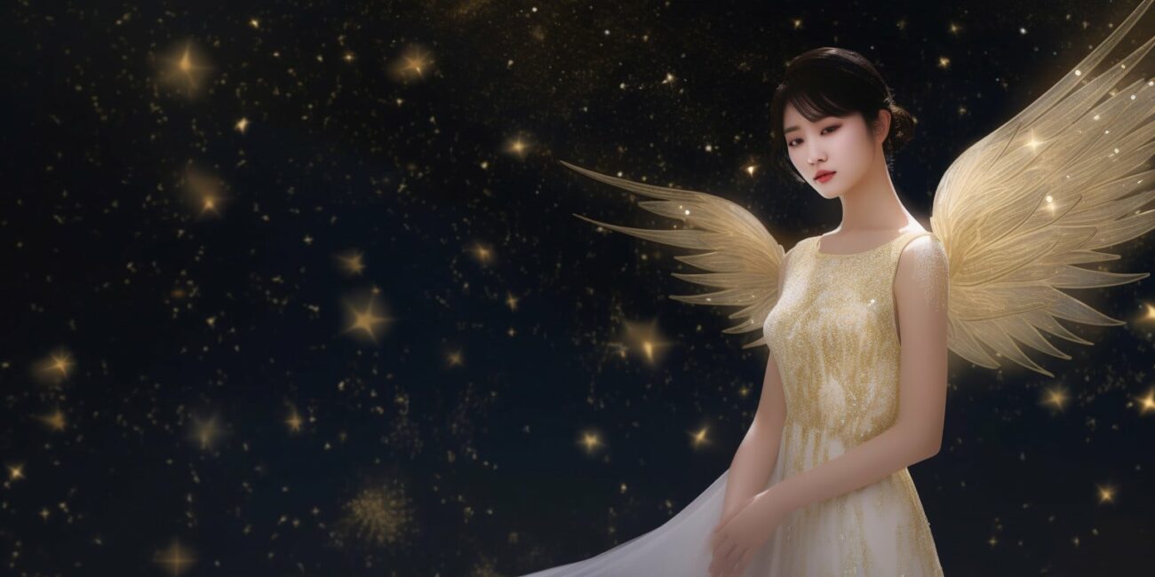 Angel Number 1211 - Angel with short black hair and a long silver white dress. On the front of the dress is gold markings. Theres gold markings on her wings