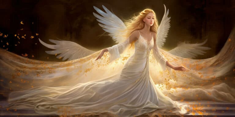 Angel Number 1221 - Angel with long white Blonde hair and a long silver white dress. On the front of the dress is gold markings.