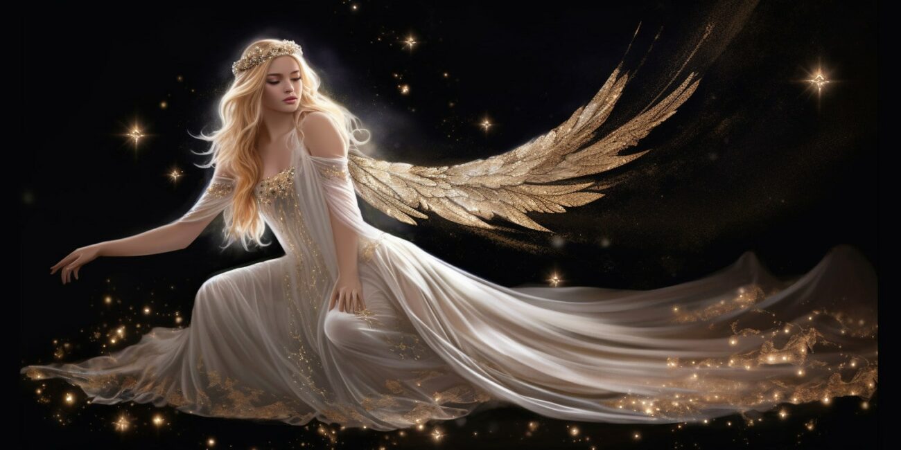 Angel Number 1222 - Angel with long white Blonde hair and a long silver white dress.