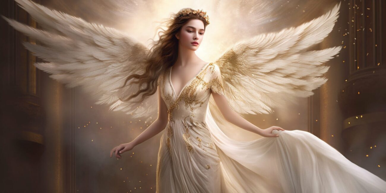 Angel Number 2111 - Angel with long brown hair and a long silver white dress.
