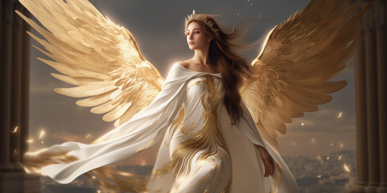 Angel Number 2112 - Angel with long brown hair and a white dress.