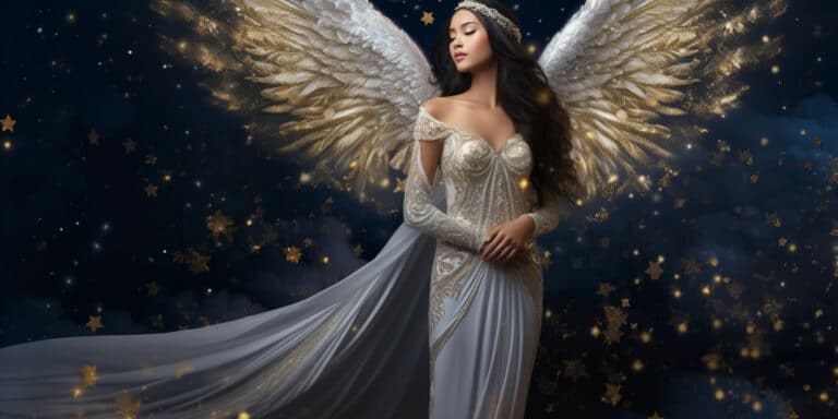 Angel Number 2121 - Angel with long brown hair and a white dress.