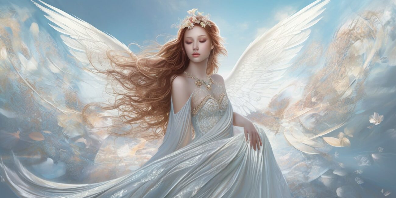 Angel Number 18 - Angel with long brunette hair and a long white dress. Looking forward.