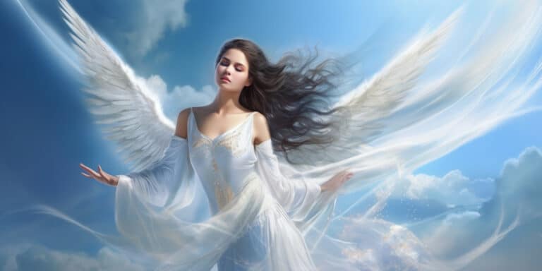 Angel Number 28 - Angel with long black hair and a long white dress. She is looking forward, her hair has caught the wind.