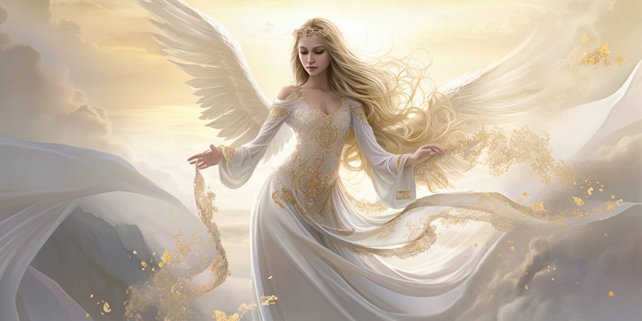Angel Number 38 - Angel with long blonde hair and a long white dress. She is looking forward, her hair has caught the wind. The sun is coming up in the background.