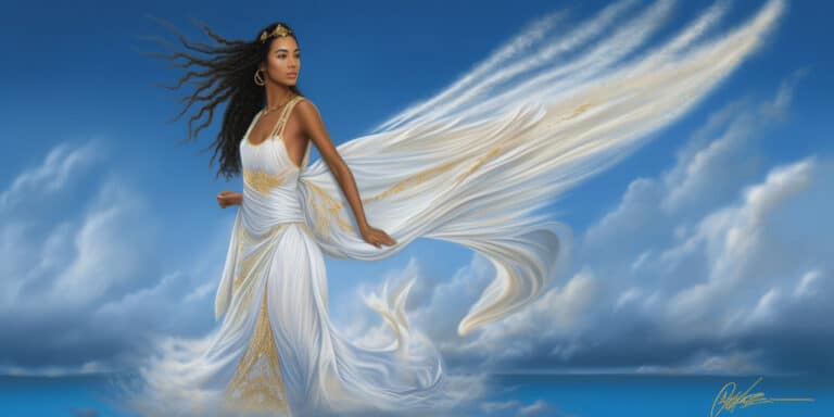 Angel Number 9000 - Angel with long black hair and a long white dress with yellow on the sides.