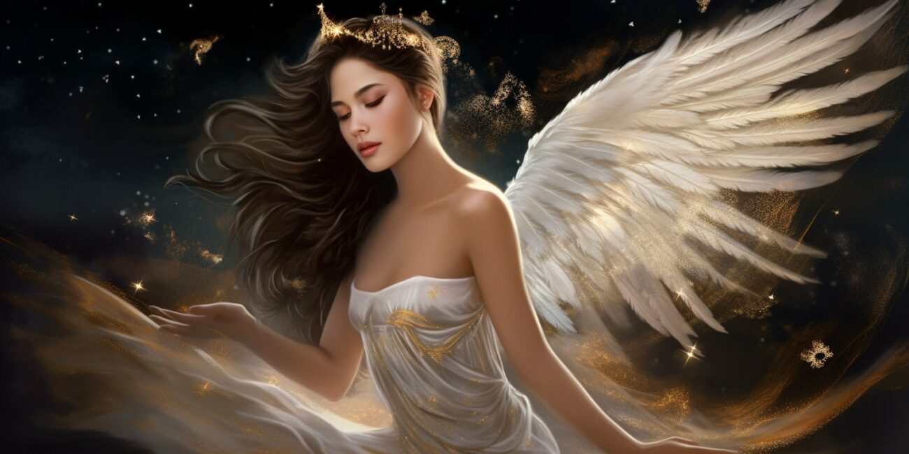 Angel Number 3311 - Angel with dark hair and a white dress. Her wings are pure white with flecks of yellow light.