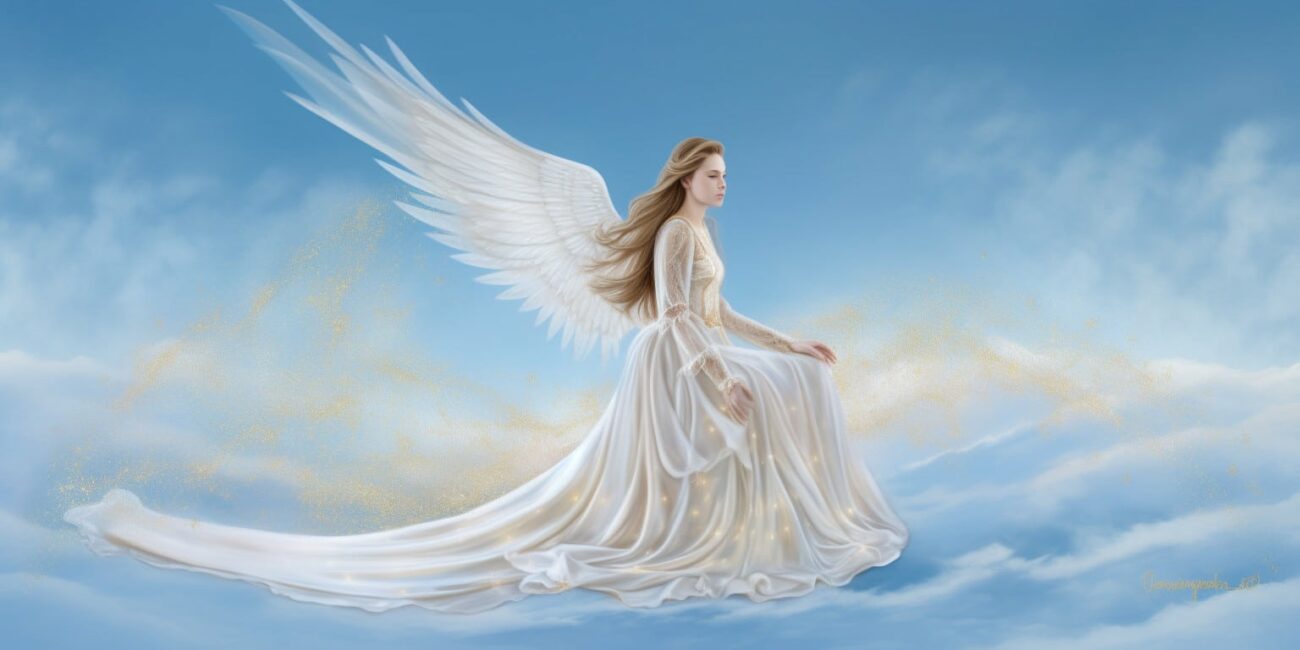 Angel Number 8000 - Angel with long brown hair and a long white dress. It looks like she is walking on the clouds.