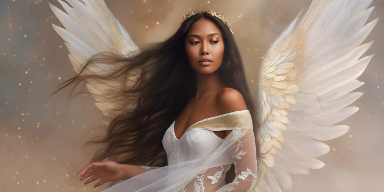 Angel Number 3133 - Angel with long dark hair and a white dress. Her wings are pure white with flecks of yellow light.
