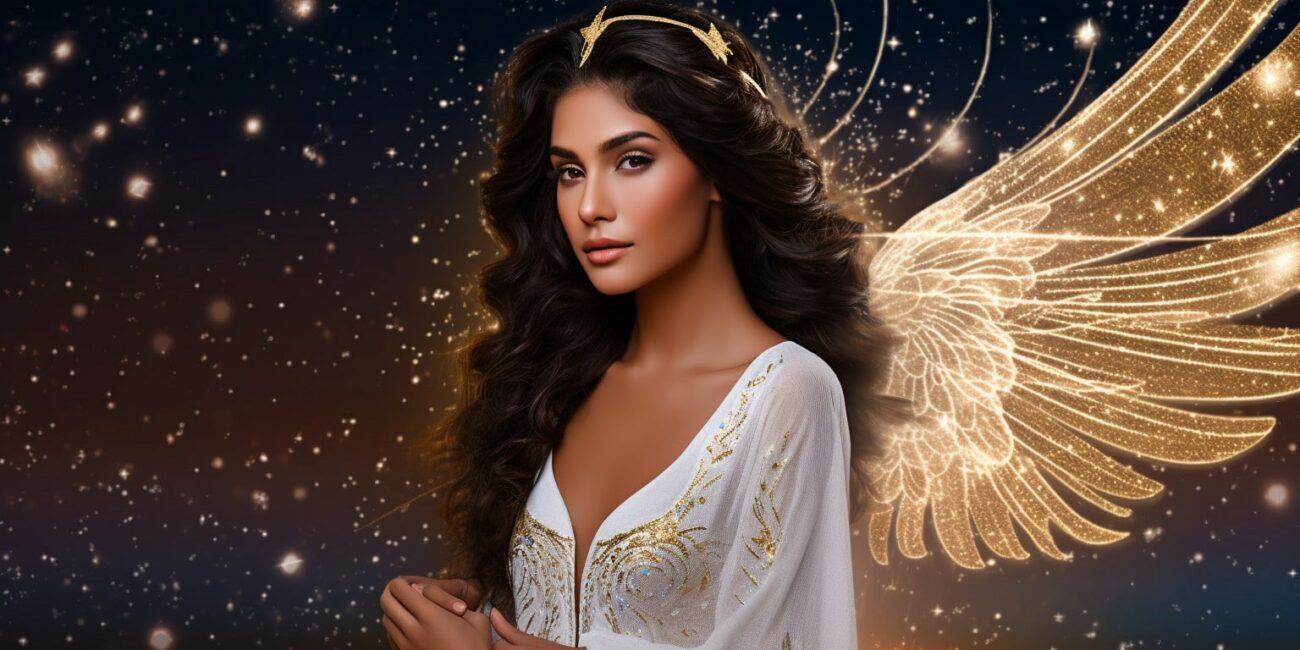 Angel Number 3131 - Angel with long dark hair and a white dress. Her wings are a gold yellow light.