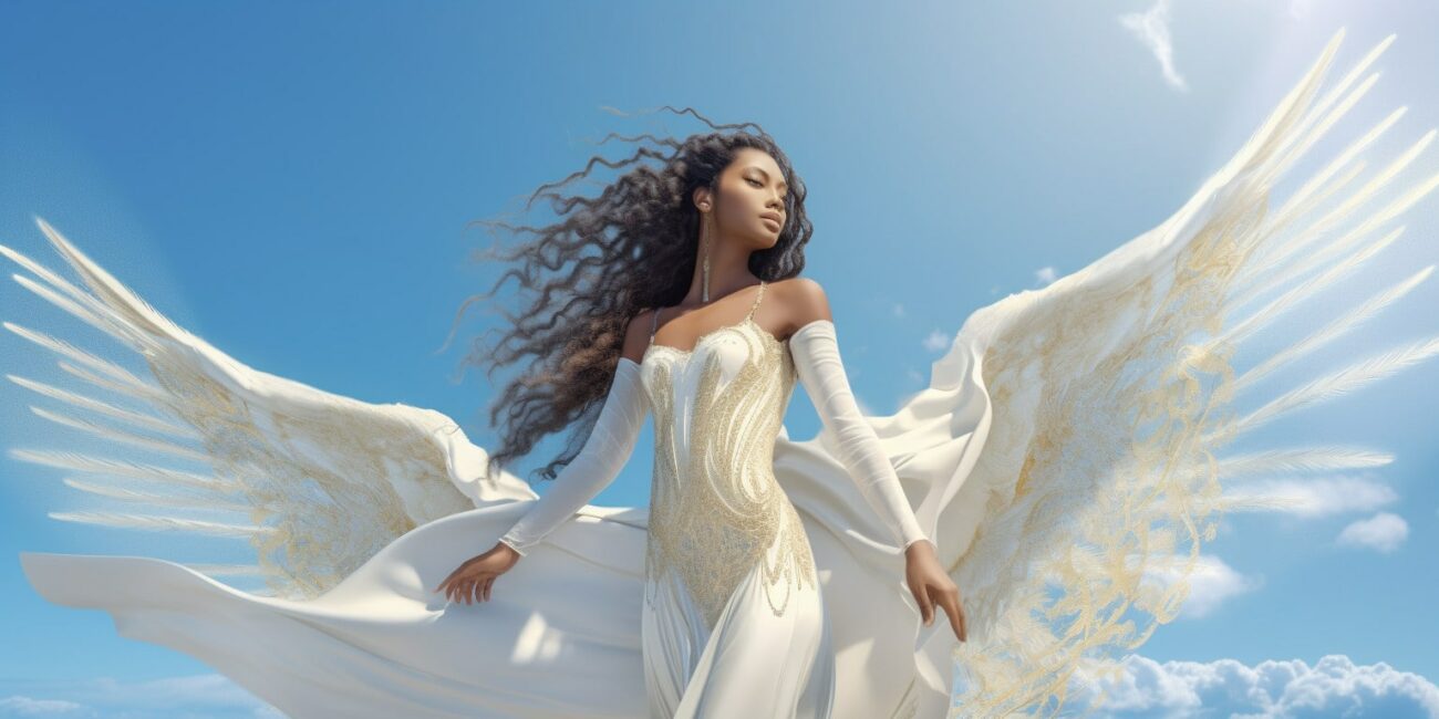 Angel Number 1311 - Angel with long dark hair and a white dress. Her wings are pure white.