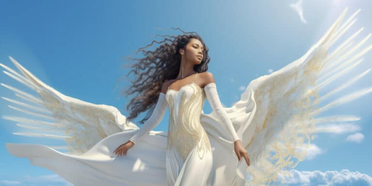 Angel Number 1311 - Angel with long dark hair and a white dress. Her wings are pure white.
