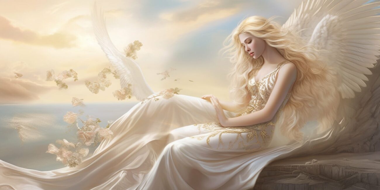 Angel Number 2221 - Angel with blonde hair and a white dress. Her wings are pure white.