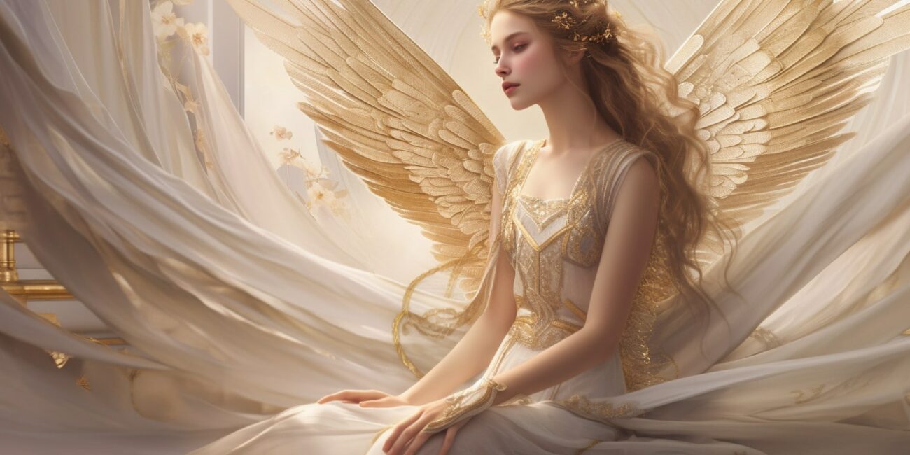 Angel Number 1113 - Angel with long blonde hair and a white dress. Her wings are golden yellow.