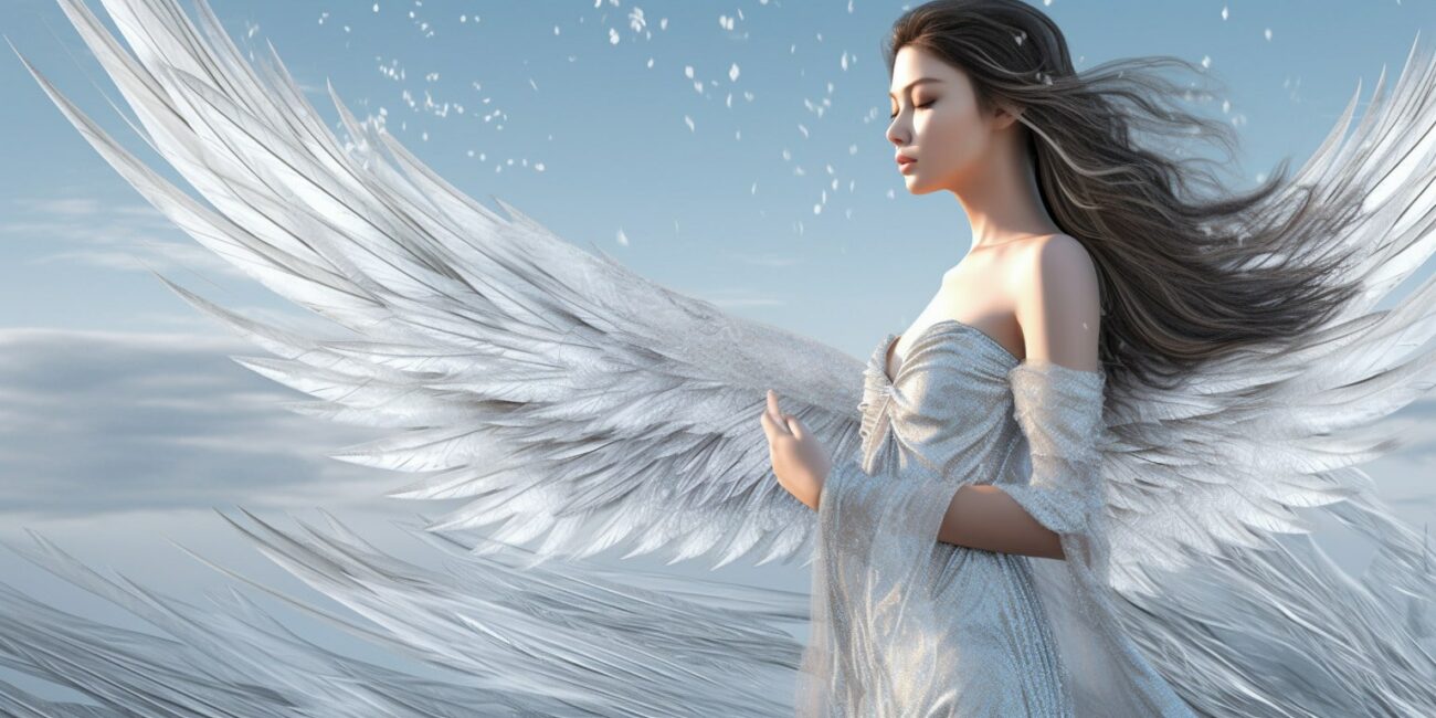 Angel Number 7000 - Angel with long black hair and a long white dress. Wings are large with distinct feathers.