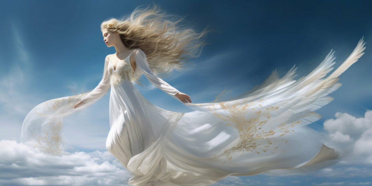 Angel Number 6000 - Angel with long hair and a long white dress with yellow on the edges.