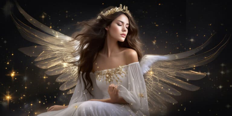 Angel Number 3113 - Angel with long dark hair and a white dress. Her wings are white and yellow light.
