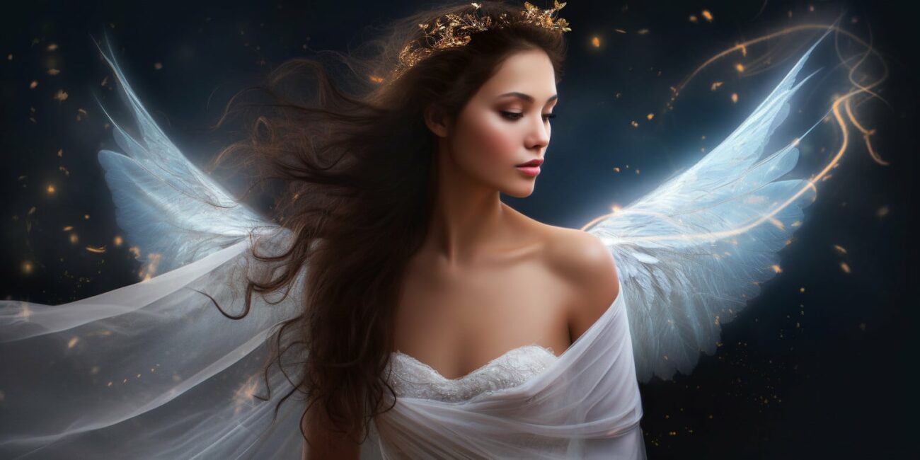 Angel Number 3111 - Angel with long dark hair and a white dress. Her wings are pure white.