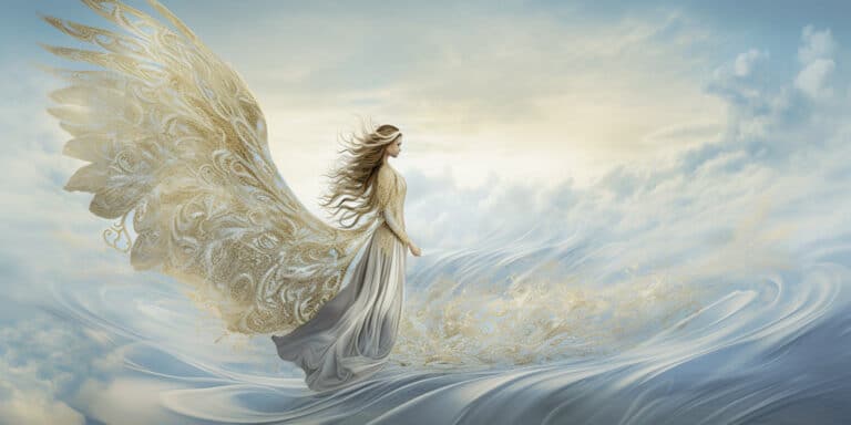 Angel Number 5000 - Angel with long hair and a long white dress with yellow on the edges. Large yellow wings.