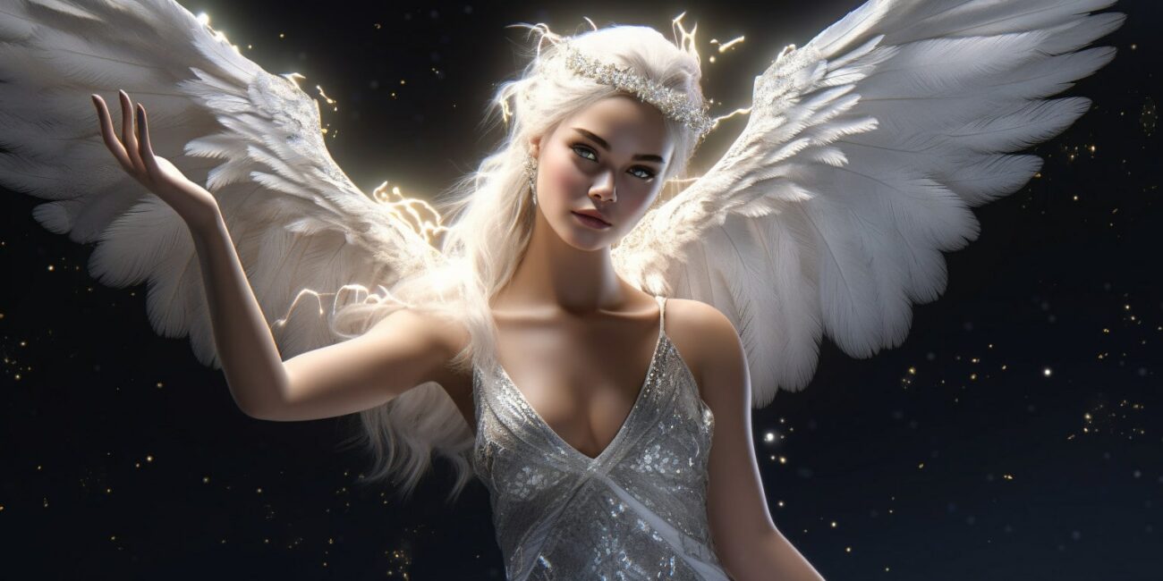 Angel Number 1313 - Angel with long white hair and a white dress. Her wings are pure white.
