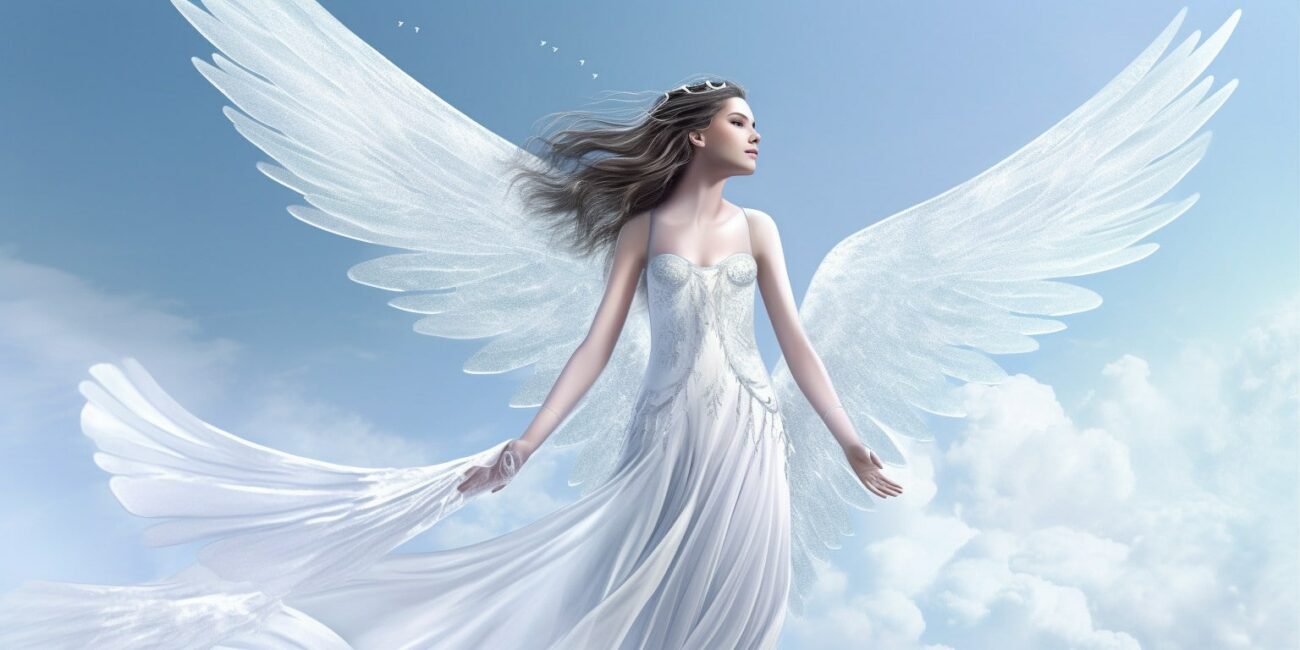 Angel Number 4000 - Angel with long hair and a long white dress with medium white wings.