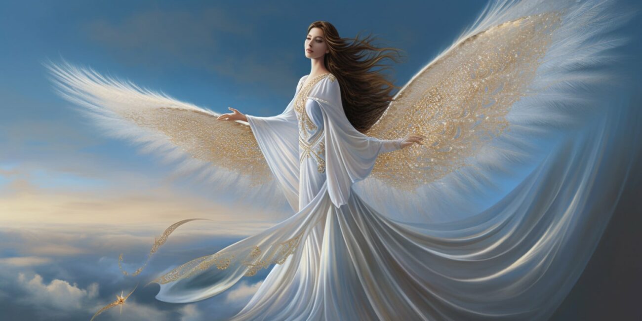 Angel Number 0 - Angel with long dark hair and a white dress. Her wings are golden yellow.